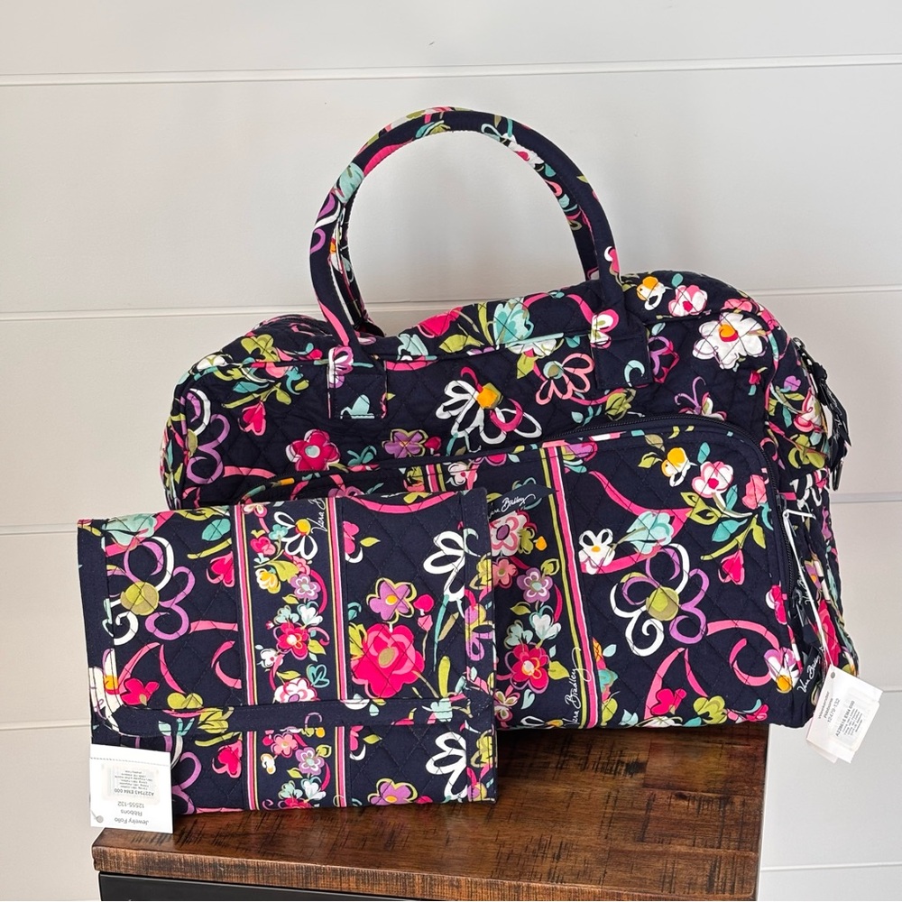 Vera Bradley Weekender Duffel and Jewelry Folio "Ribbons" Quilted Travel Set